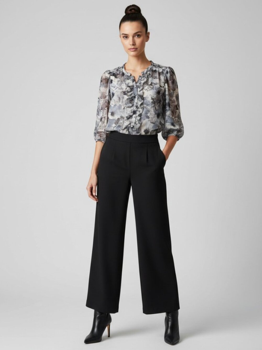 Vintage Anthropologie Pleione Petite Grey Floral Sheer Ruffle Button-Down